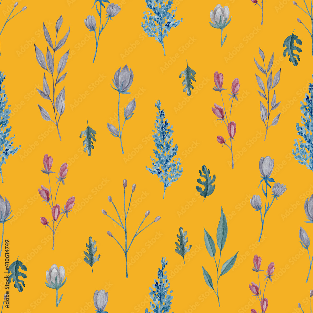 Field flowers and herbs seamless pattern. Watercolor flowers on yellow background repeatable pattern.