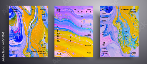 Abstract acrylic placard, fluid art vector texture set. Trendy background that applicable for design cover, poster, brochure and etc. Purple, pink and yellow creative iridescent artwork