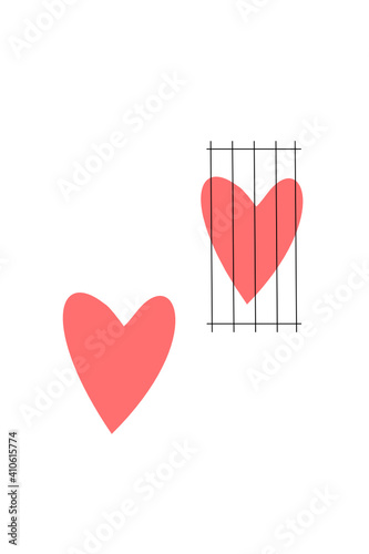 Two hearts against each other, one heart is behind prison bars. 