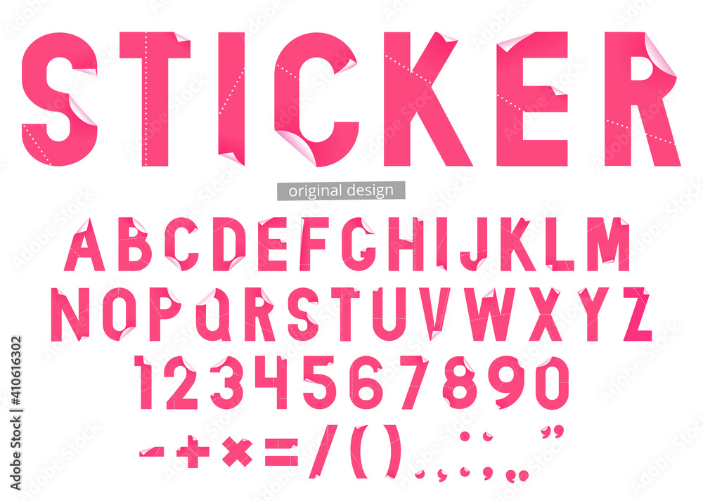 Sticker font in paper art style on white background. Vector type illustration set.