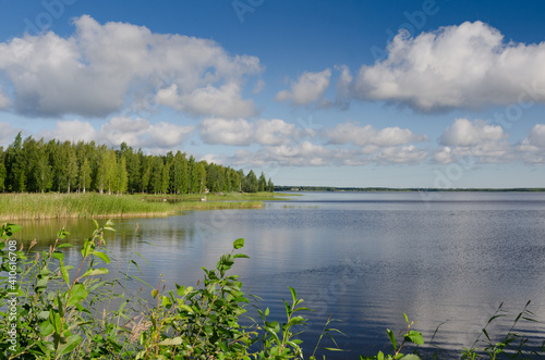 Lake Vaskilampi Finland blue sky white clouds coniferous forest landscape
