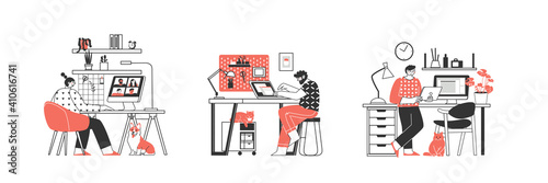 Set Remote work or distance learning. Work at home. Freelancer character working from home, convenient workplace. Man and woman self employed concept