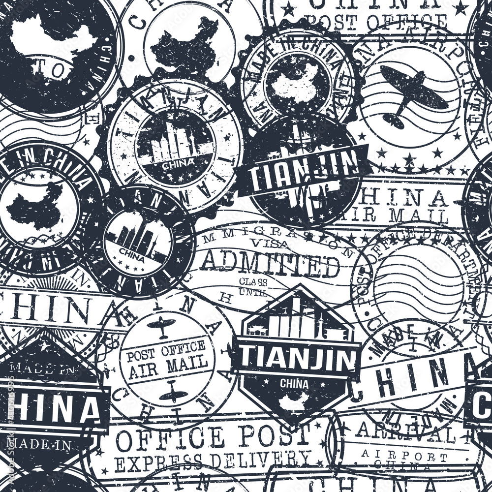 Tianjin China Stamps Background. City Stamp Vector Art. Postal Passport Travel. Design Set Pattern.