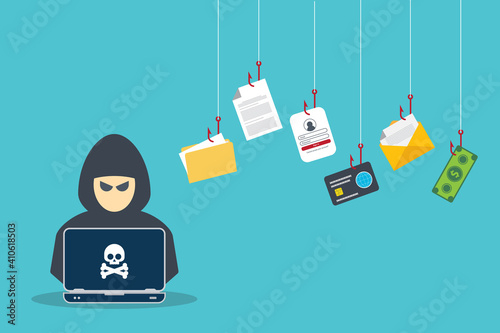 Hacker with laptop computer stealing confidential data, personal information and credit card detail. Hacking concept. photo