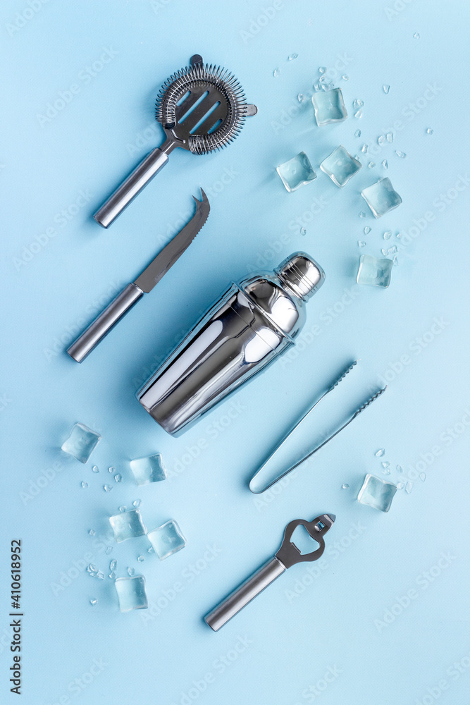 Bar tools and utensils for cocktail - with shaker, strainer and ice Bar tools and utensils for cocktail - with shaker, strainer and ice