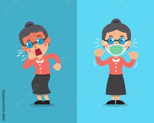 Covid-19 protection concept senior woman coughing and wearing protective face mask for design.