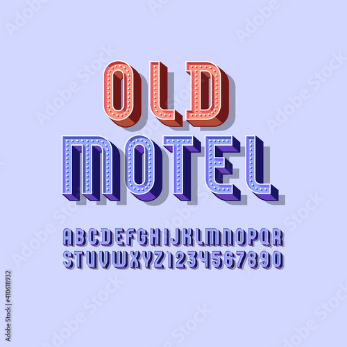 3D modern Font, retro volumetric alphabet, condensed letters and numbers with light bulbs, vector illustration 10eps