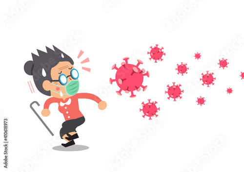 Vector cartoon senior woman wearing protective face mask worried about the virus for design.