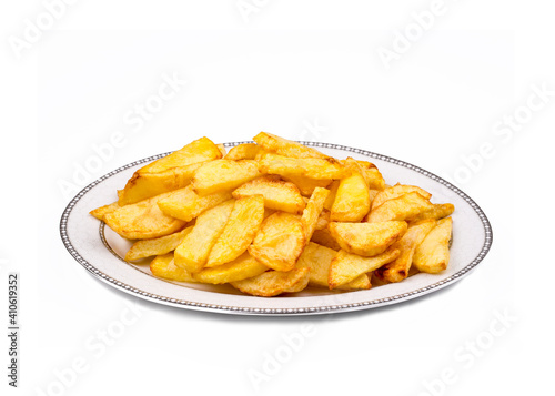 Turkish style fried potatoes on the white background.