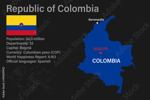 Highly detailed Colombia map with flag  capital and small map of the world