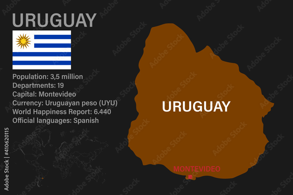 Highly detailed Uruguay map with flag, capital and small map of the world