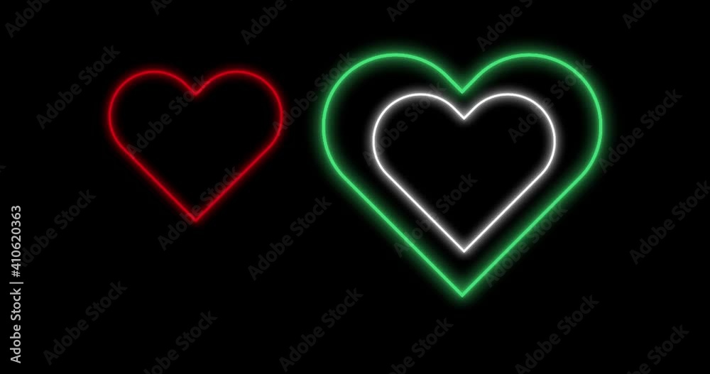 Animation of red white green neon hearts flashing on black background Animation of red white green neon hearts flashing on black background
