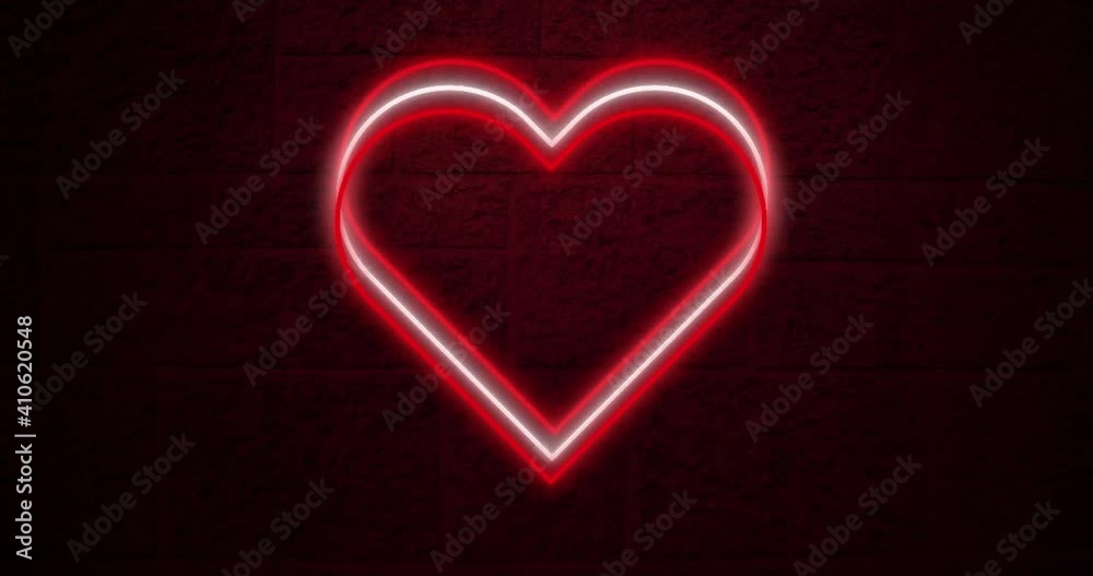 Animation of red and white neon hearts flashing on dark brick wall Animation of red and white neon hearts flashing on dark brick wall
