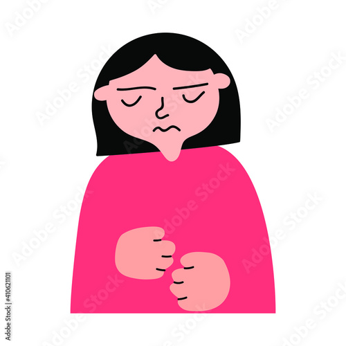 Girl feeling pain in her stomach. Hand drawn illustration on white background. 
