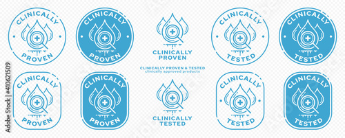 Concept - Clinically proven. Drop test with a magnifying glass is a symbol of clinical examination. Vector set