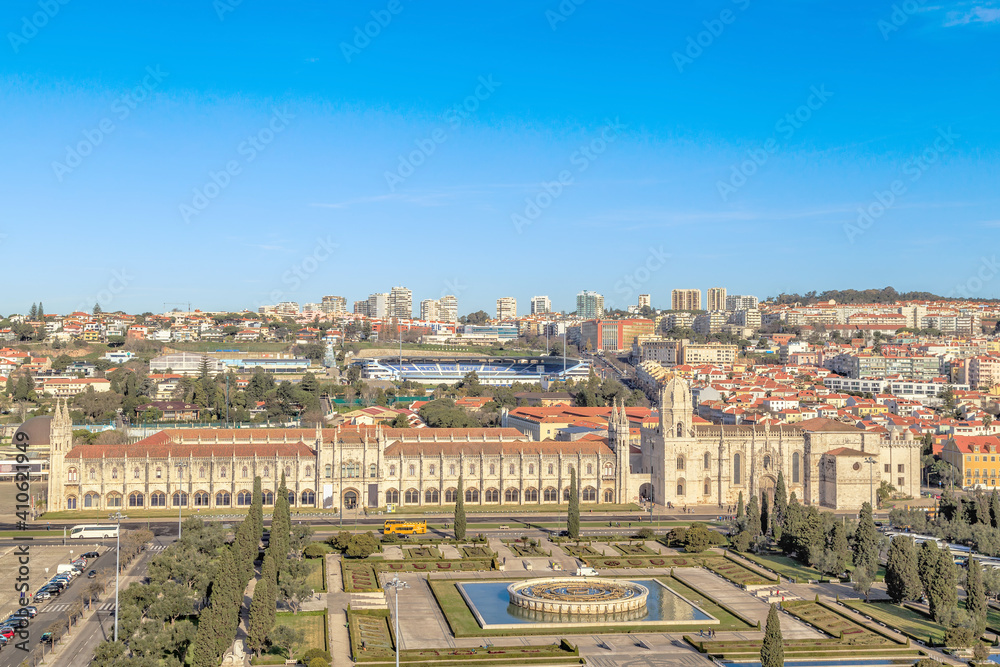 Aerial view of Mosteiro dos Jeronimos, Lisbon, Portugal.