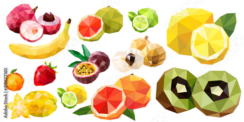 Vector fruits, low poly. Set: lemon, lychee, pomegranate, strawberry, orange, lime, kiwi, grapefruit. Collection of polygonal illustration of fresh tropical fruits.