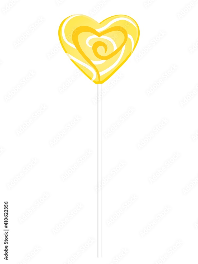 うずまき模様の黄色いハート形の棒キャンディー