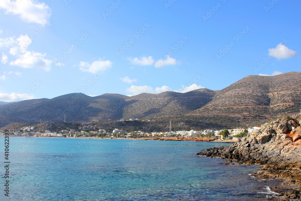 View of the coast of Crete, blue sky and clouds. Greece.