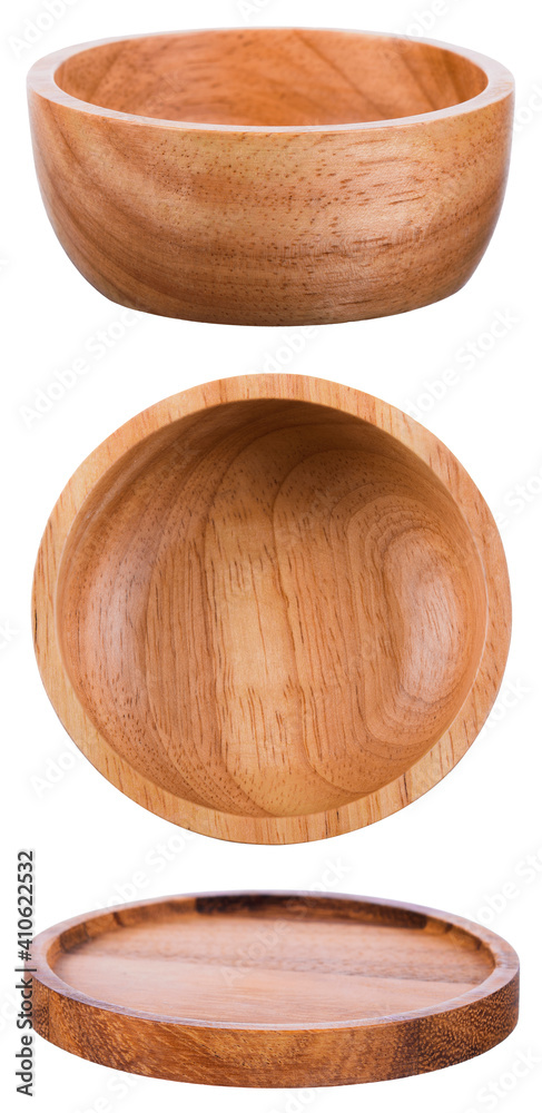 A set of empty wooden Cup with wooden saucers isolated on white background with cutting path A set of empty wooden Cup with wooden saucers isolated on white background with cutting path