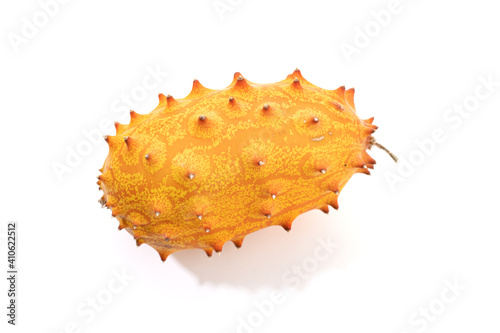 Ripe Kiwano. Spiked or jelly melon isolated on white background. Cucumis metuliferus