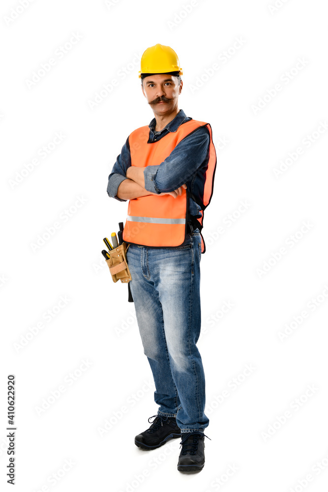 Full length image of a self-confident carpenter with moustache isolated on white background
Full length image of a self-confident carpenter with moustache isolated on white background