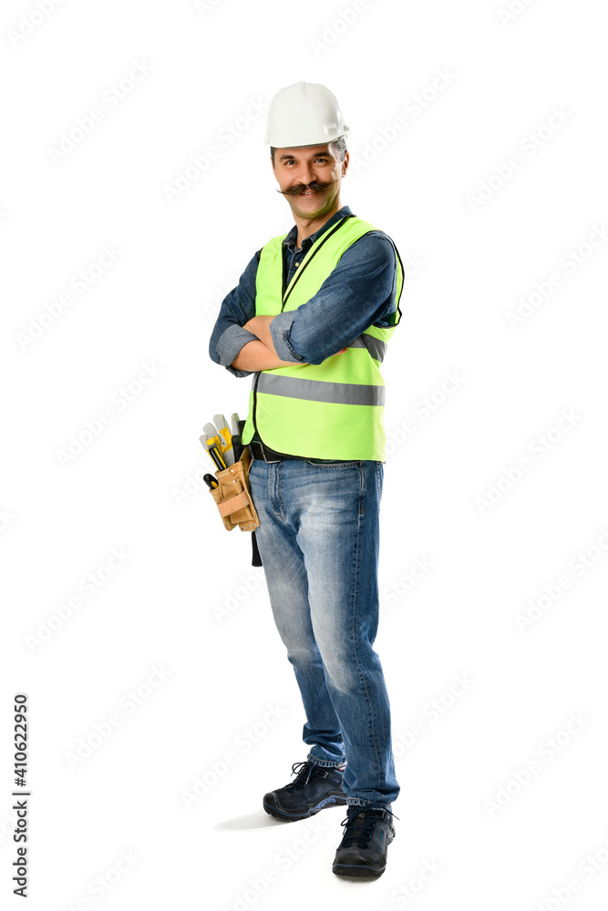 Self-confident carpenter with moustache isolated on white background Self-confident carpenter with moustache isolated on white background