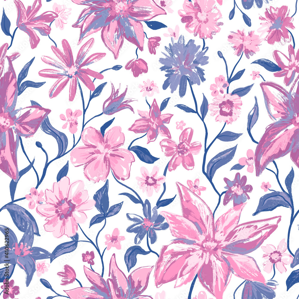 Obraz premium Floral botanical seamless pattern with colorful flowers and leaves in pink grey colors. Feminine colorful cute hand drawn illustration on white. Texture for print, fabric, textile, wallpaper.