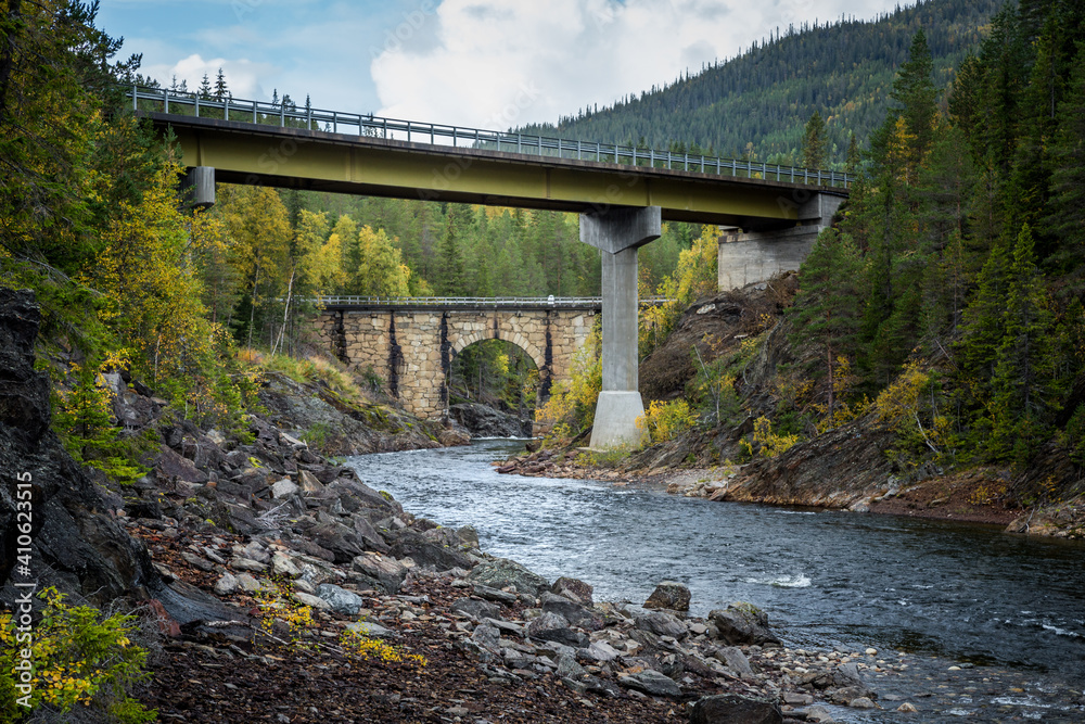 Fototapeta premium Bridges on mountains river in Norway.