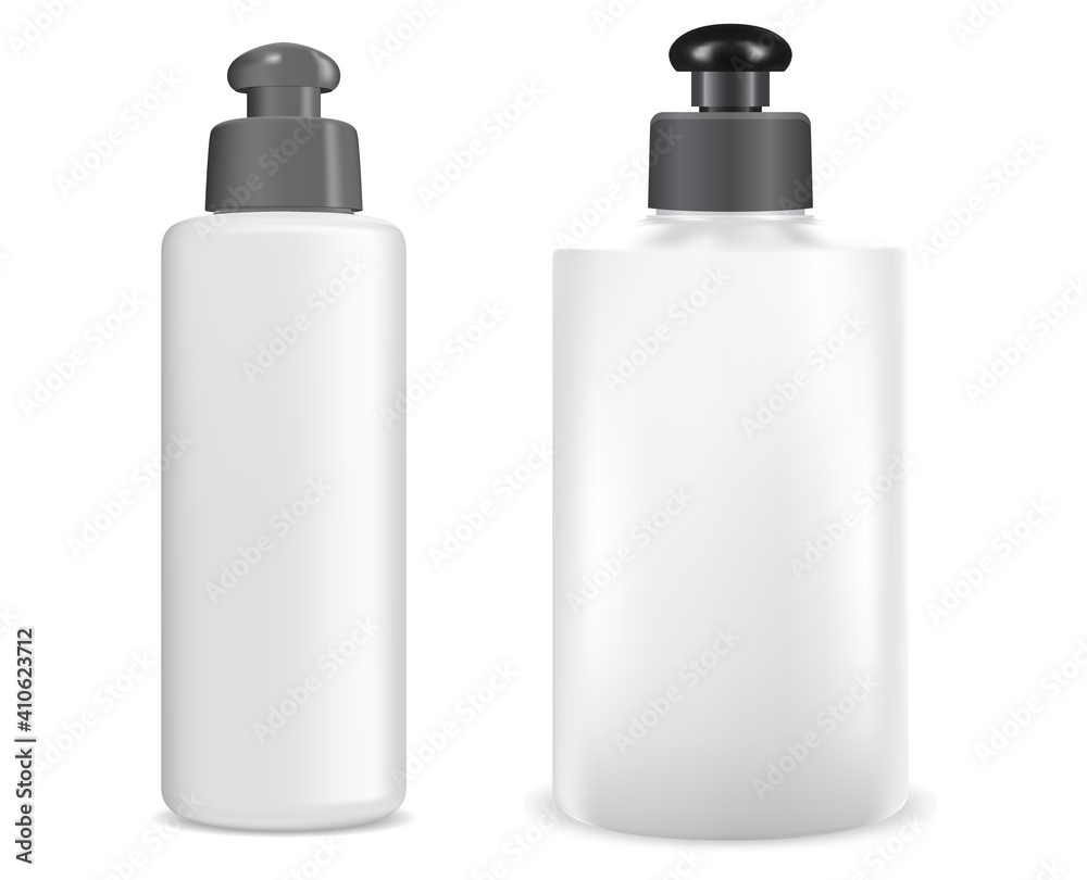Shampoo package. Cosmetic bottle blank 3d design. Cream lotion productbottles mockup. Plastic container template. Liquid milk tube for woman hair care, squeeze packaging with cap