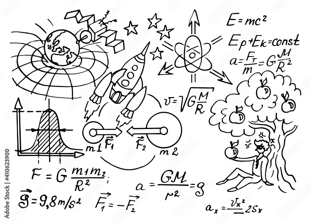 The law of force of gravity. Physical equations, formulas and schemes on whiteboard. Vector hand-drawn illustration. Vintage scientific and educational background. The law of force of gravity. Physical equations, formulas and schemes on whiteboard. Vector hand-drawn illustration. Vintage scientific and educational background.