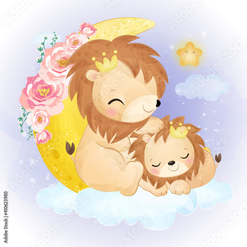 cute lion illustration in watercolor effect great for baby shower decoration and children prints.	