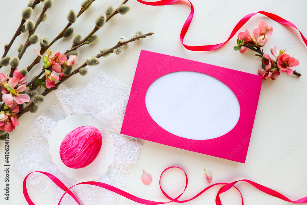 Easter card mockup. Easter eggs, spring flowers and willow twigs Easter card mockup. Easter eggs, spring flowers and willow twigs