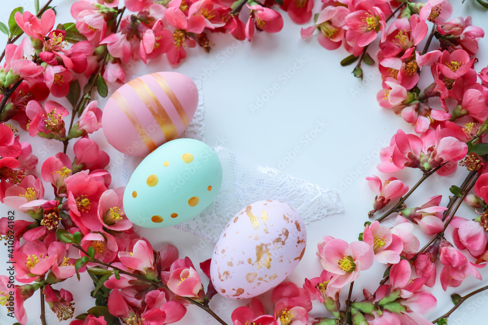 Easter card mockup. Easter eggs, spring flowers  and willow twigs 