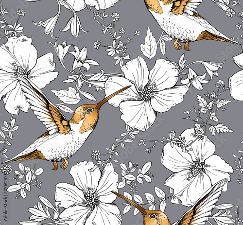 Seamless pattern. Exotic Hibiscus flowers, different herbs and gold hummingbirds. Textile composition, hand drawn style print. Vector illustration.