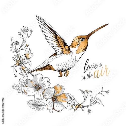 Exotic Tropical Hibiscus flowers and hummingbird. Gold and silver composition. Love is in the air - lettering quote. Card design, hand drawn style t-shirt print. Vector illustration.