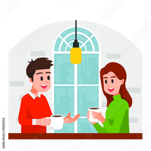 man and woman chatting casually and holding coffee mugs