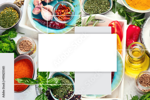 Collage of fresh and dried herbs and spices.