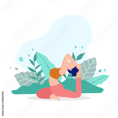 Young woman sitting in yoga posture and meditating. Girl performing aerobics exercise and morning meditation at garden. Physical and spiritual practice. Vector illustration in flat cartoon style.