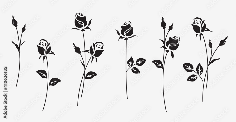 Set of decorative fresh blossoming rose silhouette with leaves isolated on white background. Flower icon. Vector stock illustration	 - obrazy, fototapety, plakaty 