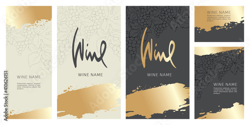 Collection labels for wine. Vector illustration, set of backgrounds with grapes and gold strokes.