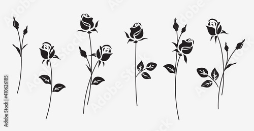 Set of decorative fresh blossoming rose silhouette with leaves isolated on white background. Flower icon. Vector stock illustration	