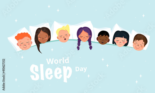 Children sleepover poster in pyjama party style. World sleep day