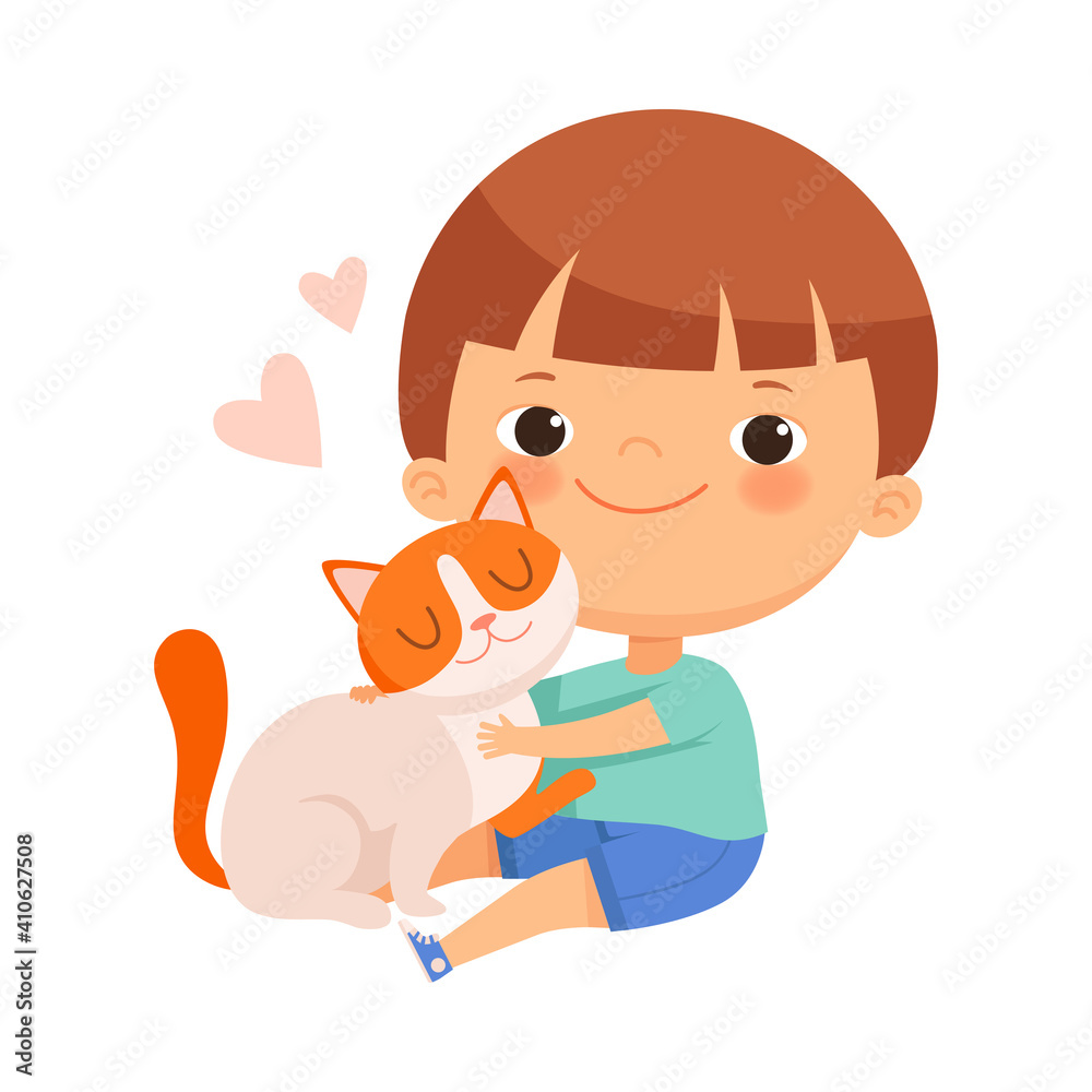 Little Boy Hugging and Cuddling with His Pet Cat Vector Illustration Little Boy Hugging and Cuddling with His Pet Cat Vector Illustration