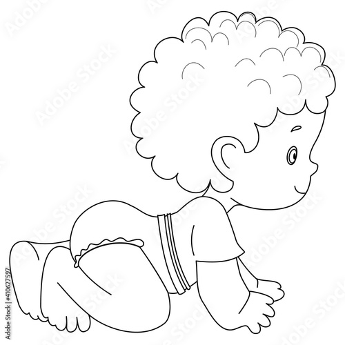 Pretty Crawling Baby Kid Isolated. Socialization, Infancy. Diapers. Black and white vector illustration for coloring book. crawl, clip art, icon.