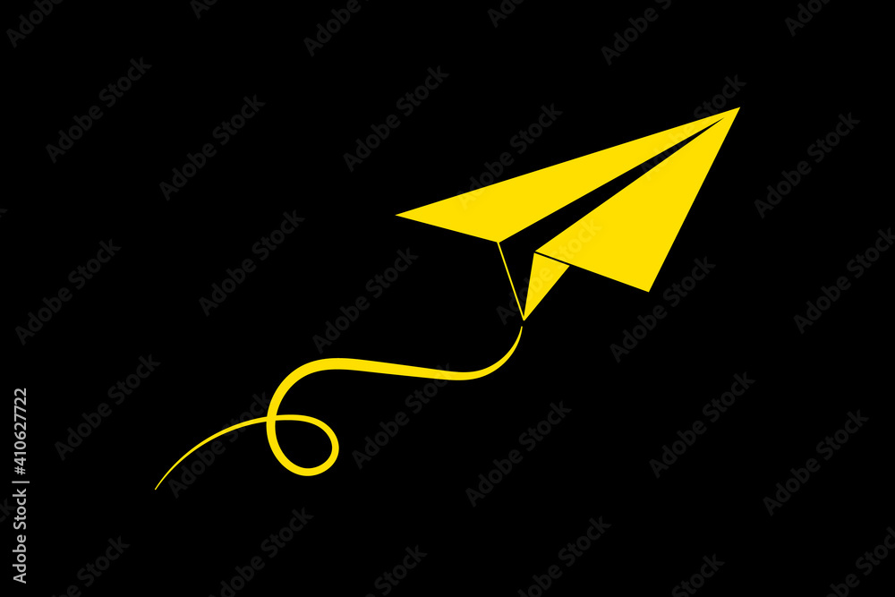 Paper airplane with heart . Yellow Flying airplane with dotted air route in heart on a black background.Love and Valentines Day concept.Vector illustration ,black background in EPS 10. Paper airplane with heart . Yellow Flying airplane with dotted air route in heart on a black background.Love and Valentines Day concept.Vector illustration ,black background in EPS 10.