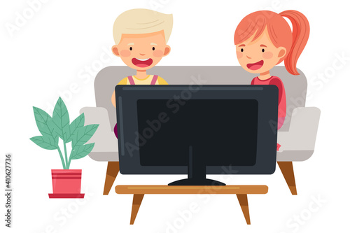 Cute Girl and Boy Sitting with Gamepad on Sofa and Playing Video Game Vector Illustration