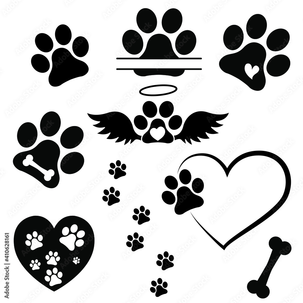 Heart paw icon vector set. Dog paw illustration sign collection. love dog symbol. Heart paw icon vector set. Dog paw illustration sign collection. love dog symbol.