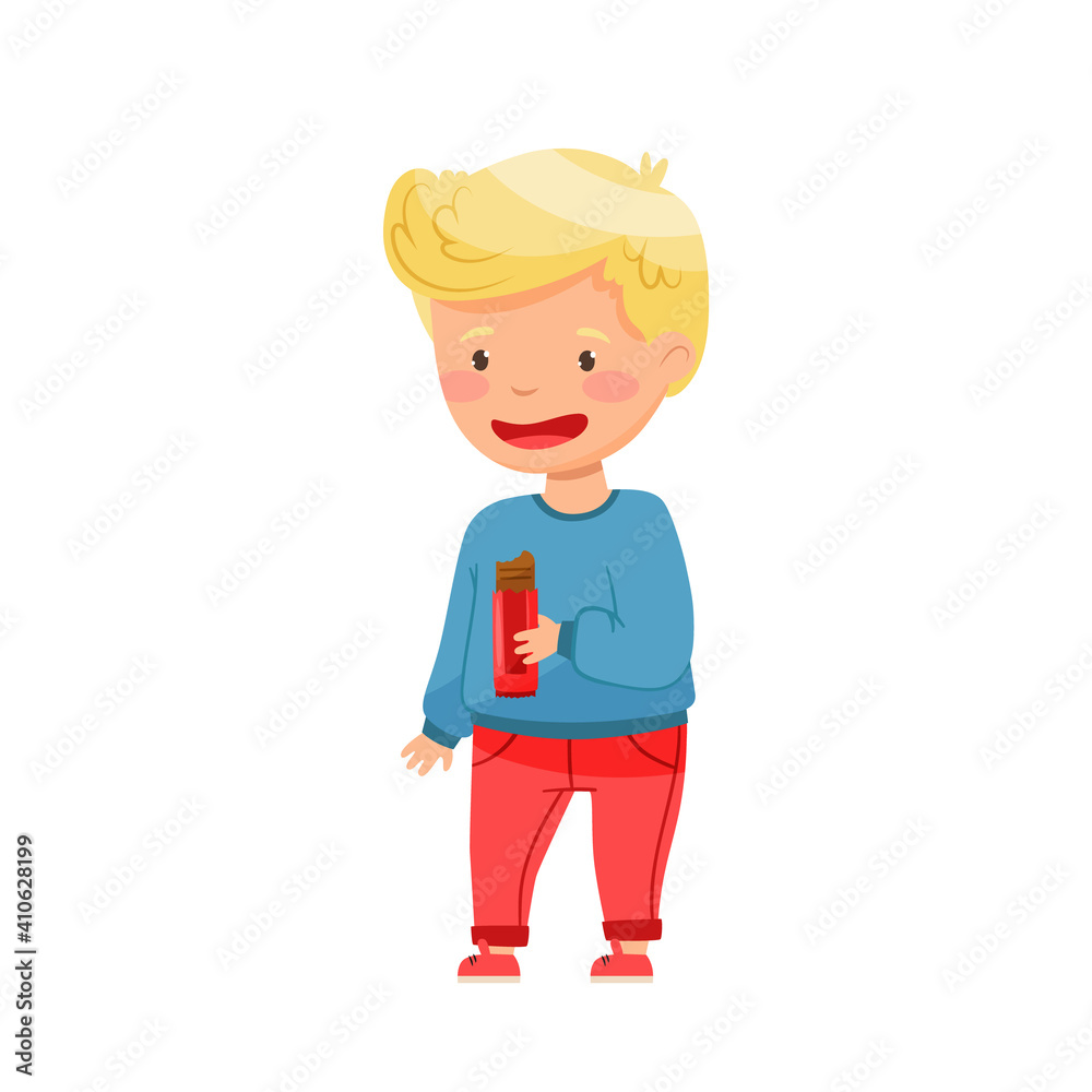 Blond Boy Holding Bar of Chocolate Vector Illustration Blond Boy Holding Bar of Chocolate Vector Illustration