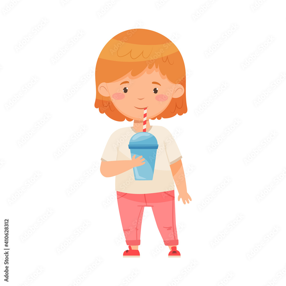 Funny Girl Holding Glass with Soda Drink and Straw Vector Illustration